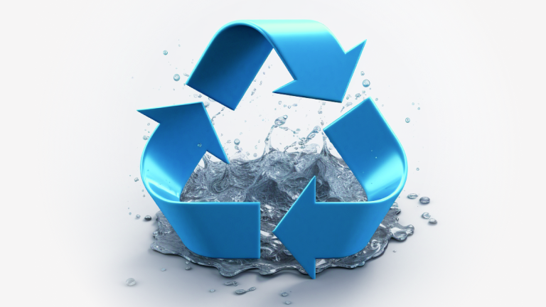 A recycling logo centered over a splash of water