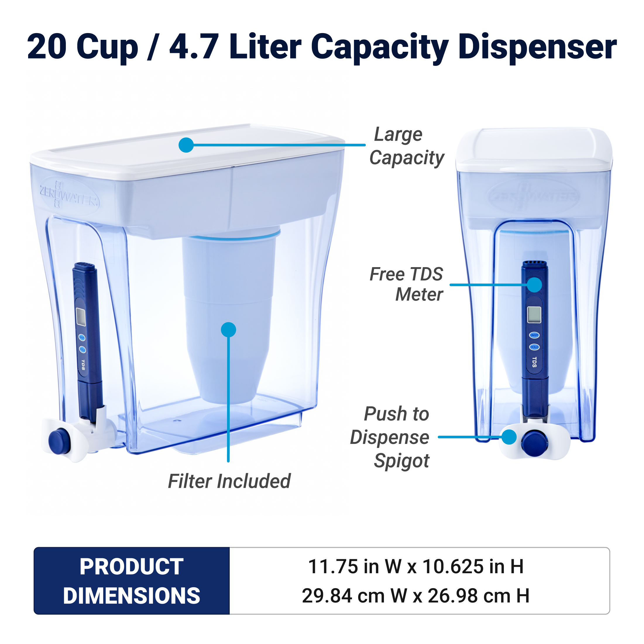 20 cup  4.7 liter capacity dispenser ready pour with dimensions