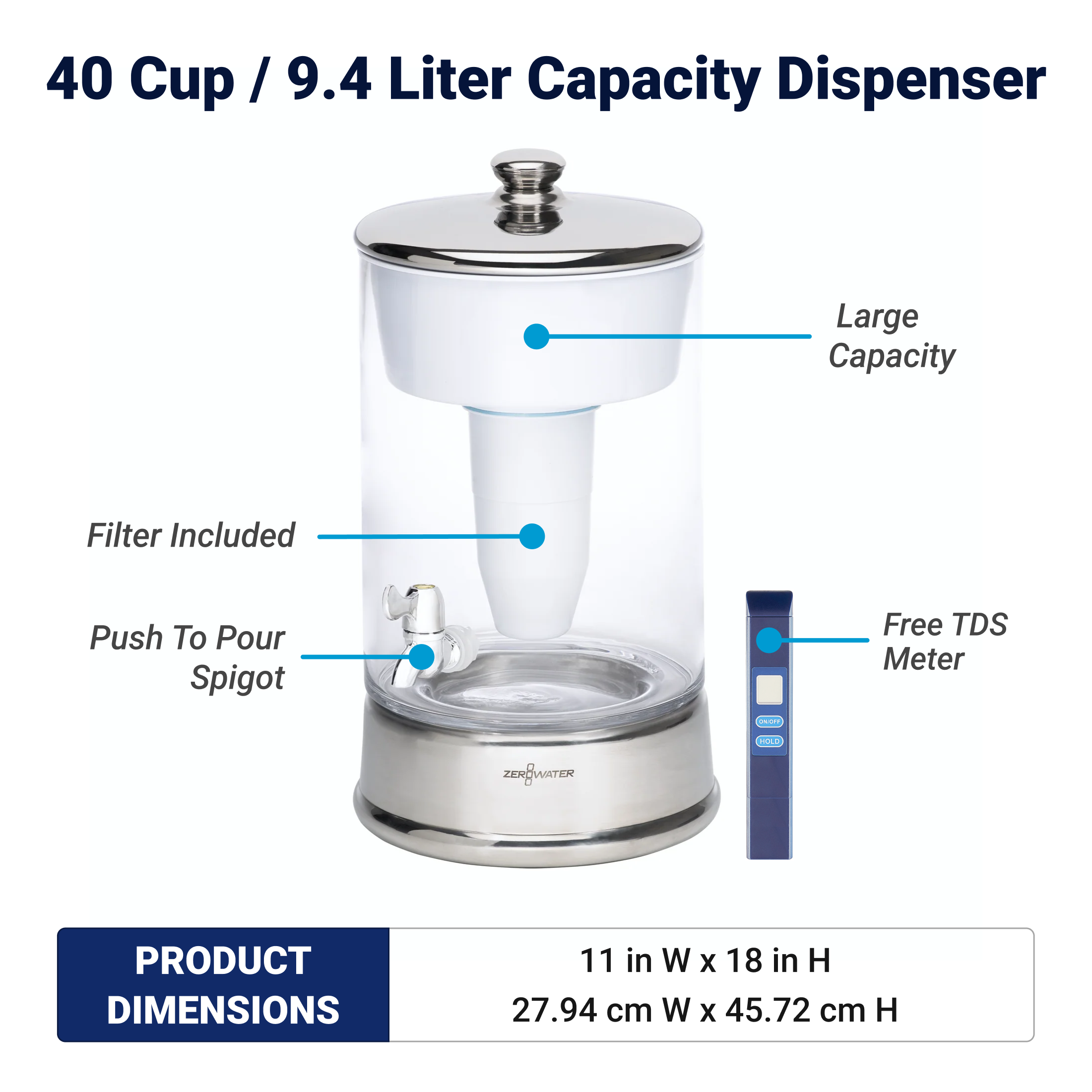 40 cup 9.4 liter capacity dispenser with product dimensions