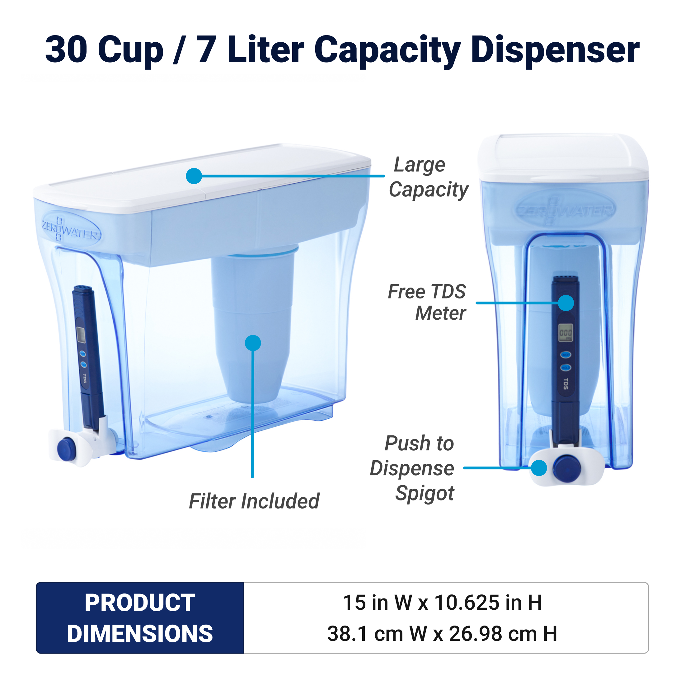 30 cup 7 liter capacity dispenser with dimensions 