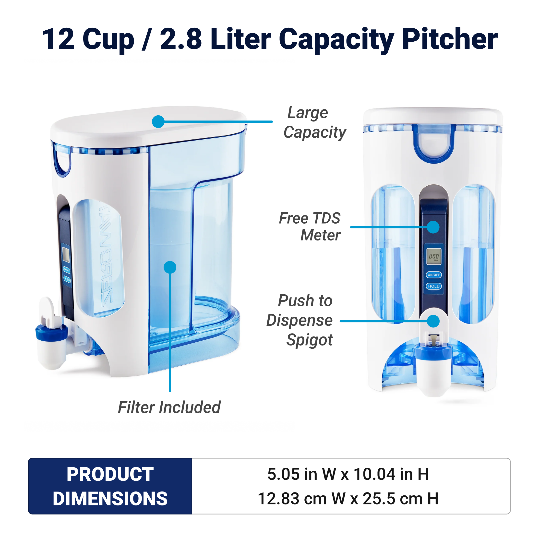 12 cup/2.8 liter capacity pitcher side and front view with dimensionsd