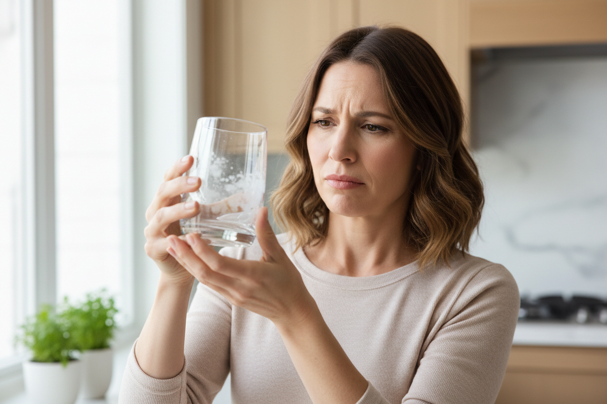Woman looking at a dirty glass